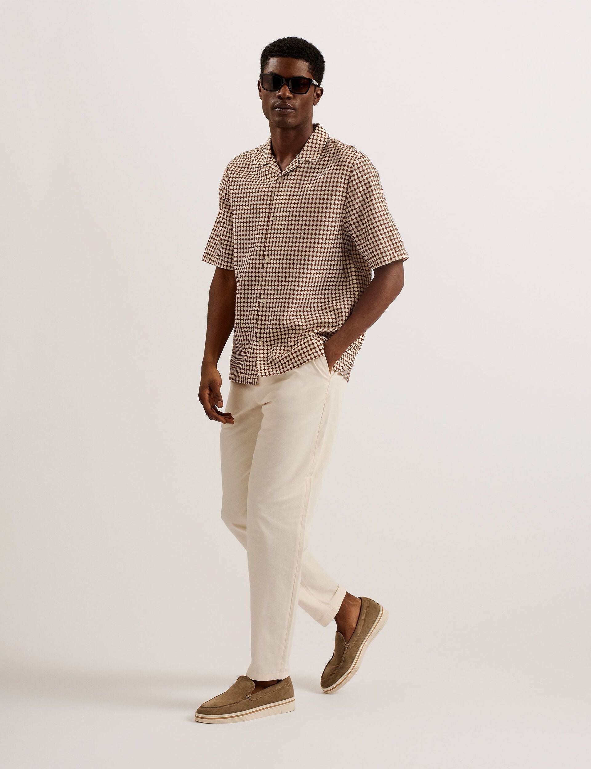 Ted Baker OISE - Textured Grid Cotton Short Sleeve Shirt BROWN