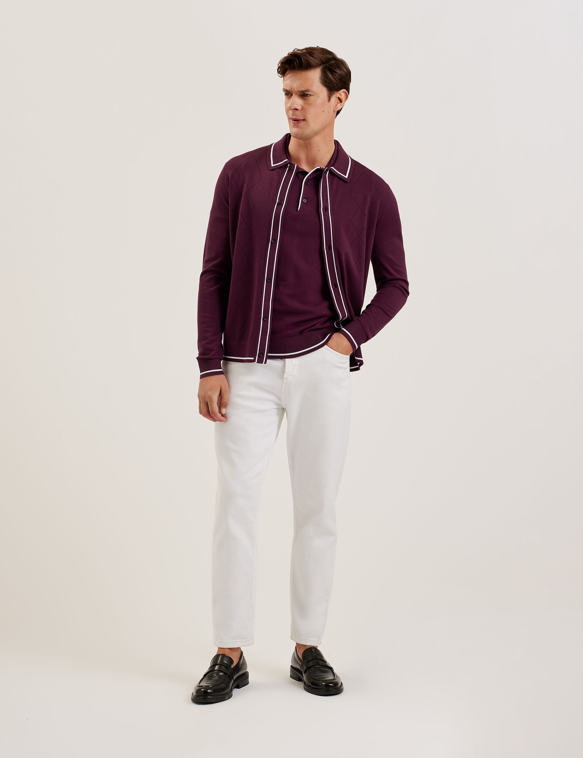 Ted Baker ELMDON - Pointelle Diamond Knitted Long Sleeve Shirt MAROON