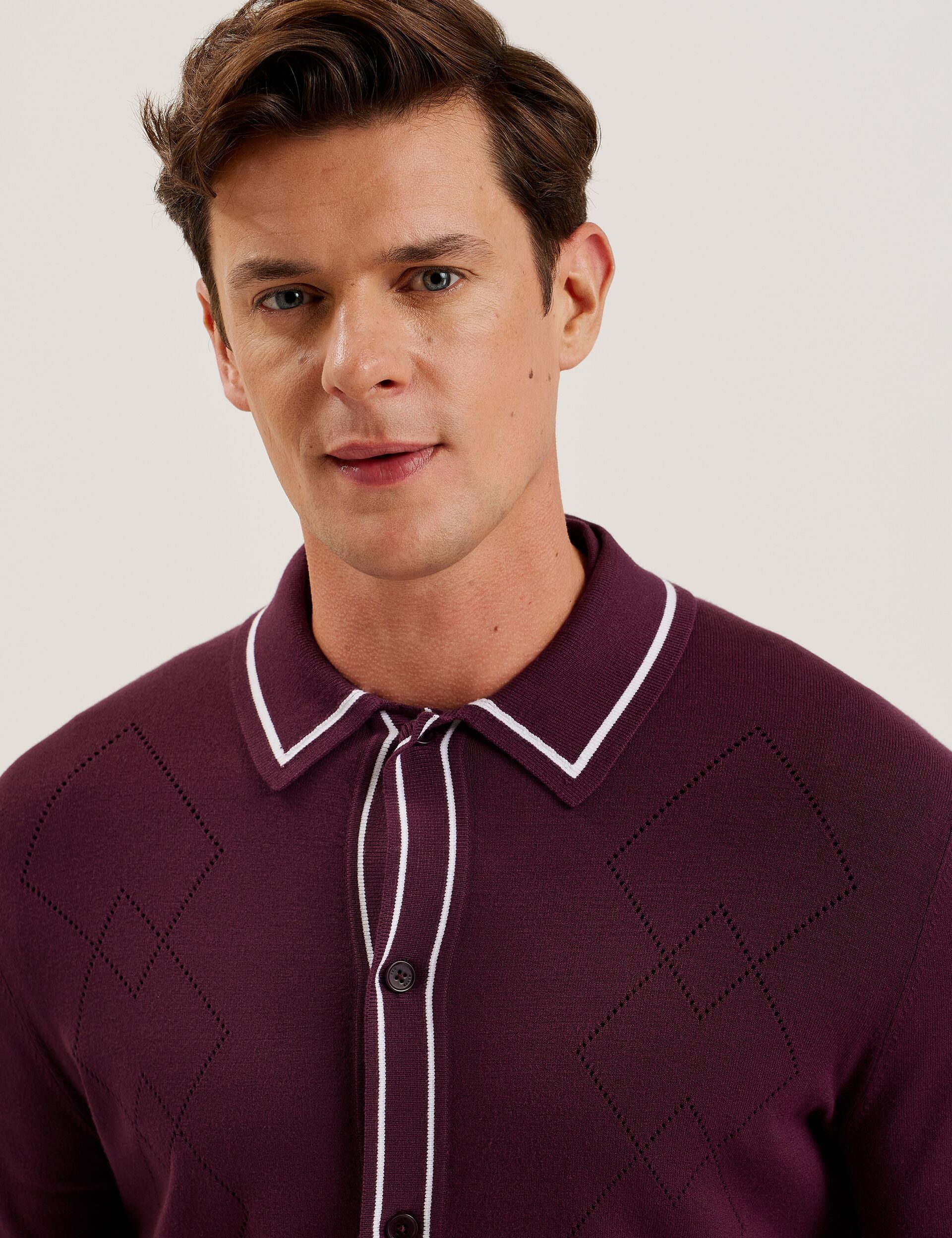 Ted Baker ELMDON - Pointelle Diamond Knitted Long Sleeve Shirt MAROON