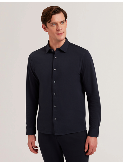 Ted Baker LUCKEY - Long Sleeve Pique Cotton Jersey Shirt NAVY