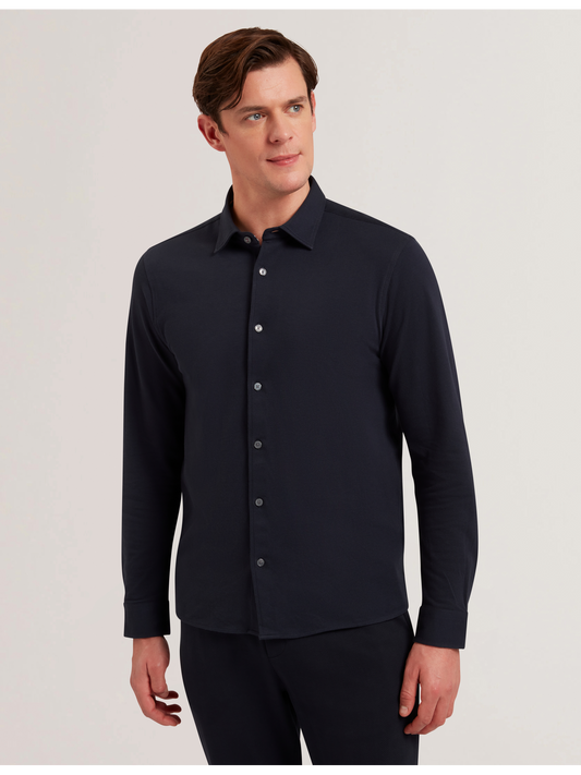 Ted Baker LUCKEY - Long Sleeve Pique Cotton Jersey Shirt NAVY