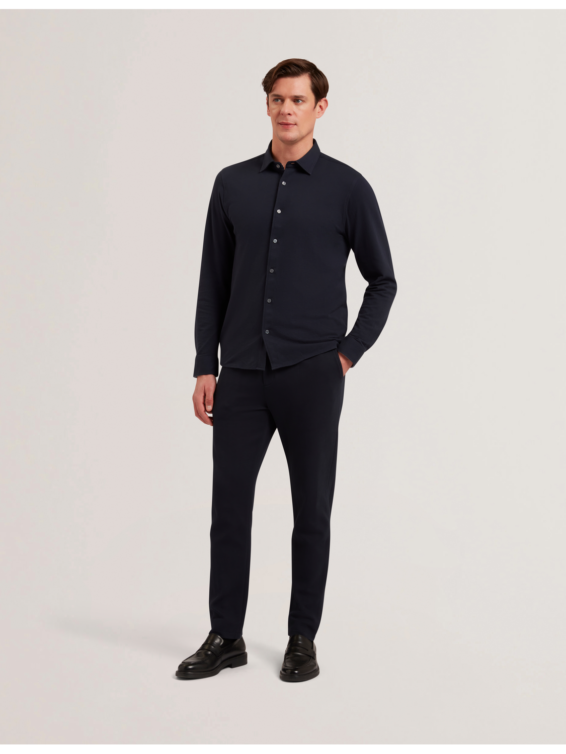 Ted Baker LUCKEY - Long Sleeve Pique Cotton Jersey Shirt NAVY