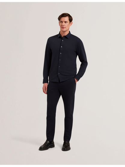 Ted Baker LUCKEY - Long Sleeve Pique Cotton Jersey Shirt NAVY