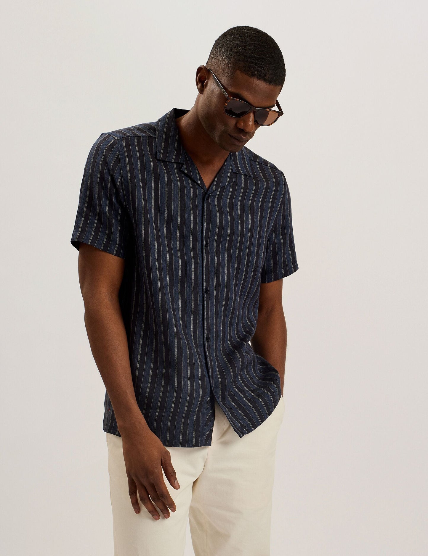 Ted Baker FRANCOI - Striped Cotton Linen Short Sleeve Shirt NAVY