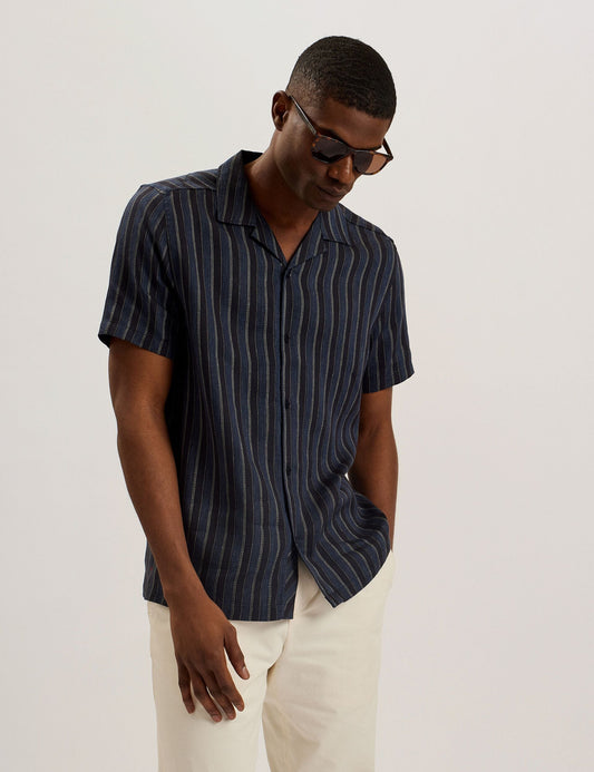 Ted Baker FRANCOI - Striped Cotton Linen Short Sleeve Shirt NAVY