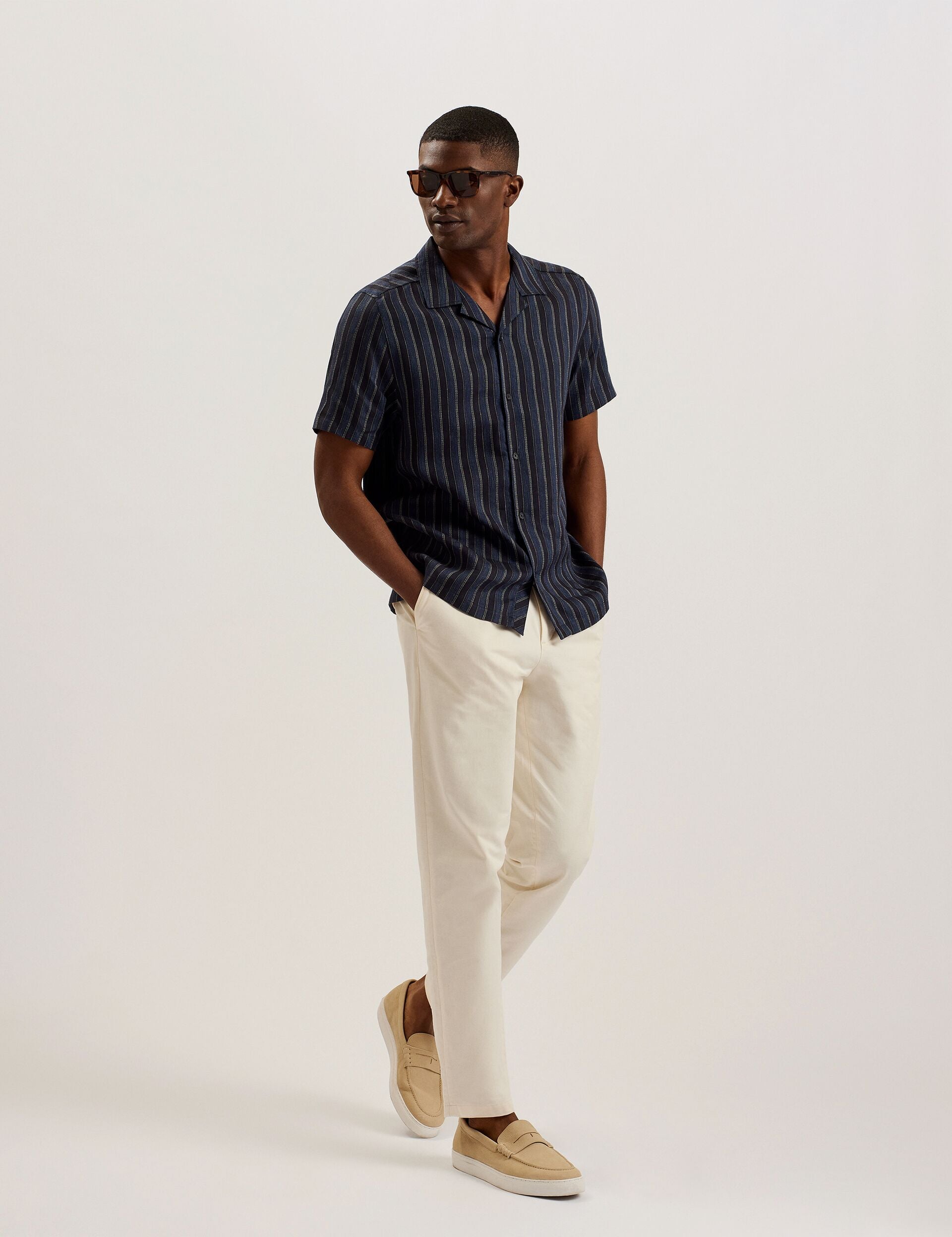 Ted Baker FRANCOI - Striped Cotton Linen Short Sleeve Shirt NAVY