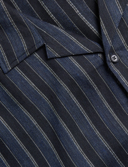 Ted Baker FRANCOI - Striped Cotton Linen Short Sleeve Shirt NAVY