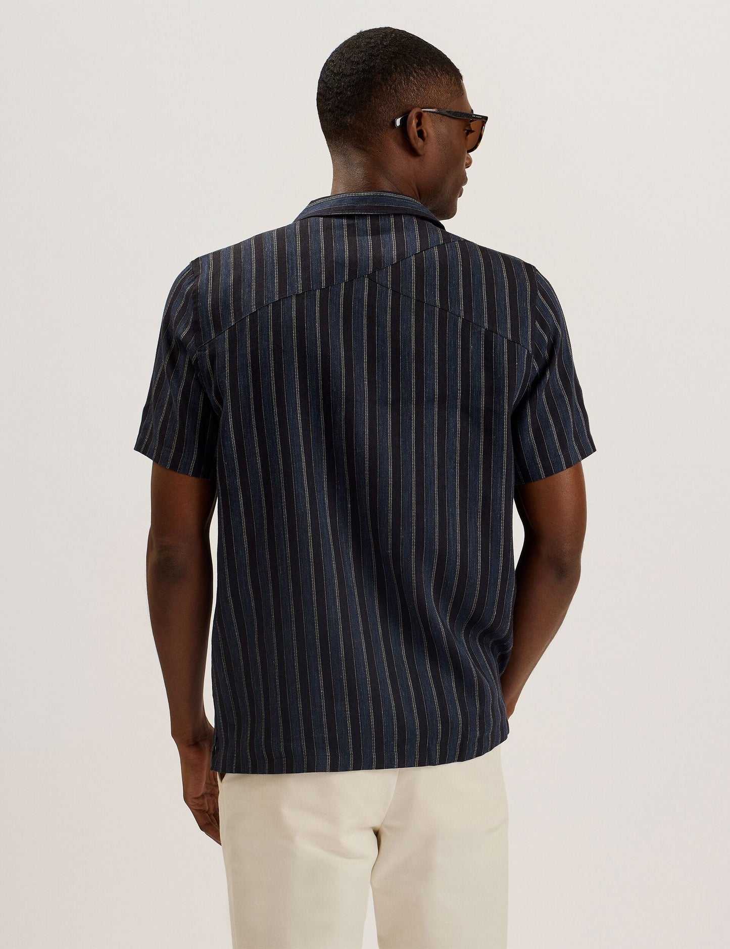 Ted Baker FRANCOI - Striped Cotton Linen Short Sleeve Shirt NAVY