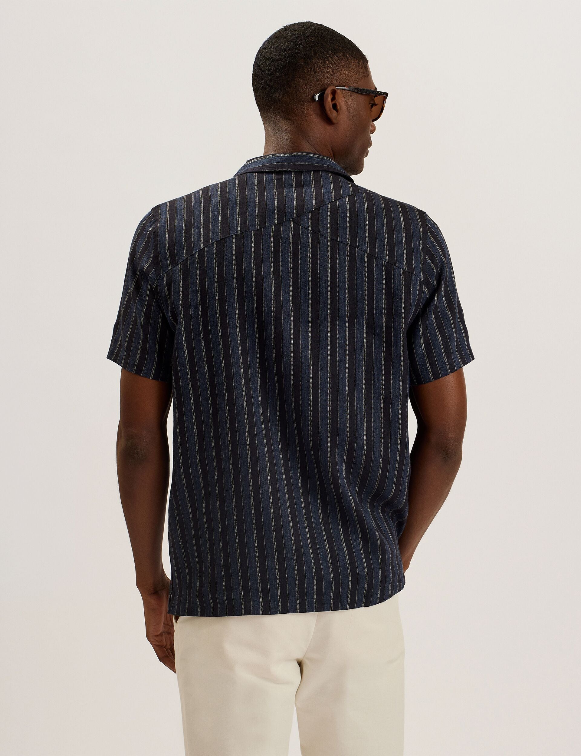 Ted Baker FRANCOI - Striped Cotton Linen Short Sleeve Shirt NAVY