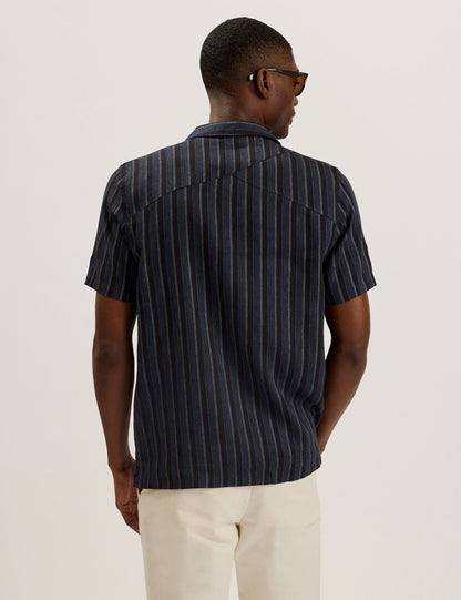 Ted Baker FRANCOI - Striped Cotton Linen Short Sleeve Shirt NAVY