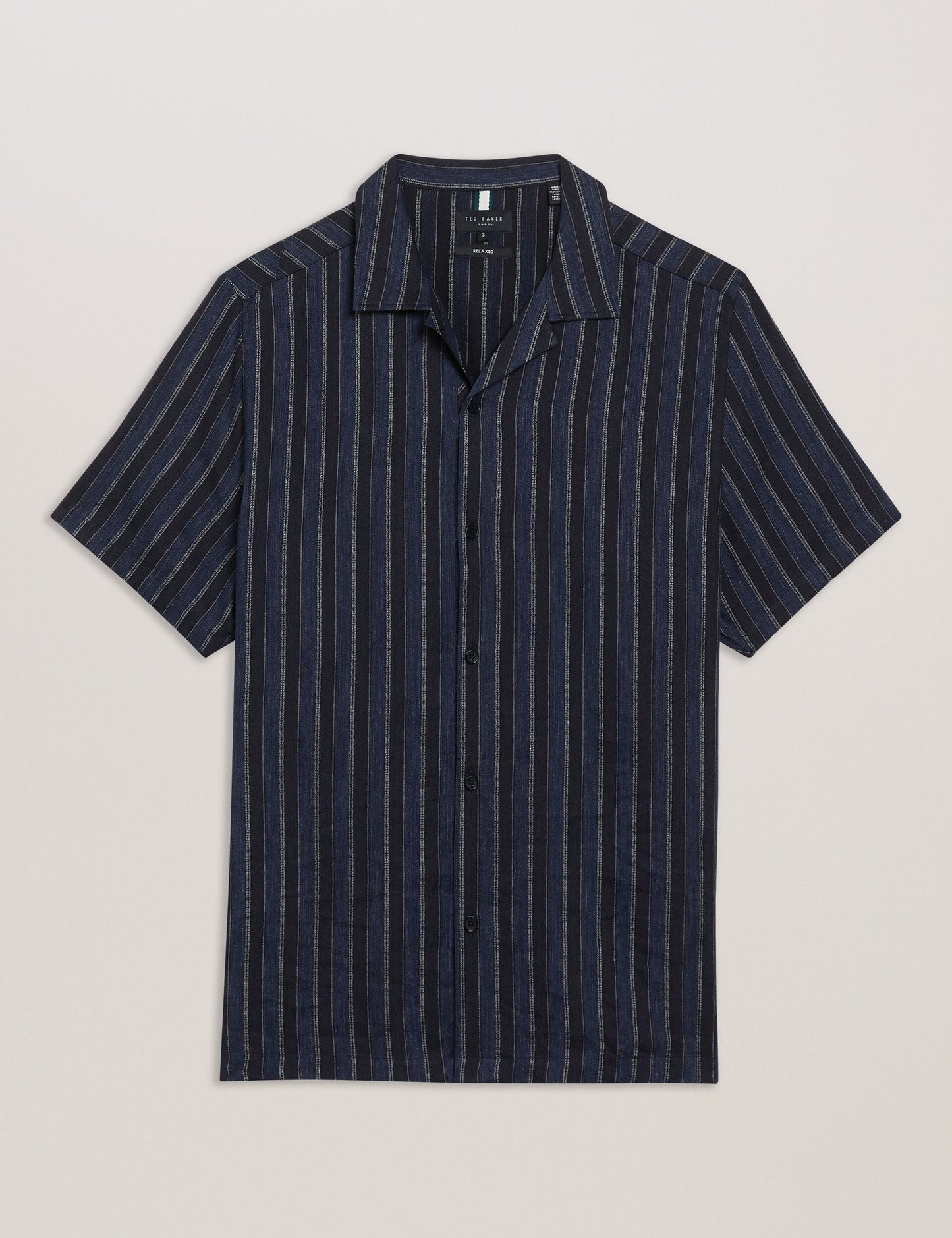 Ted Baker FRANCOI - Striped Cotton Linen Short Sleeve Shirt NAVY
