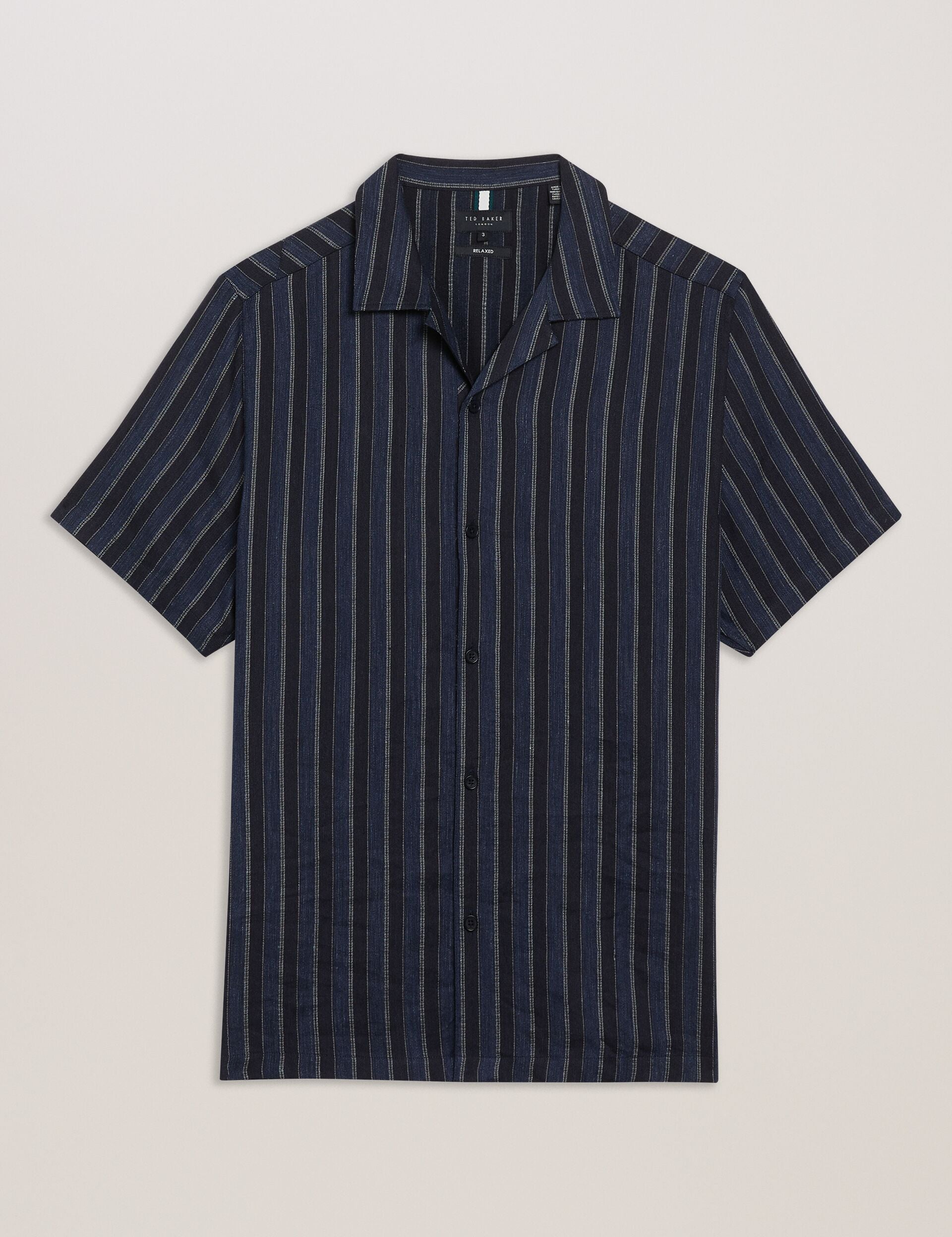 Ted Baker FRANCOI - Striped Cotton Linen Short Sleeve Shirt NAVY
