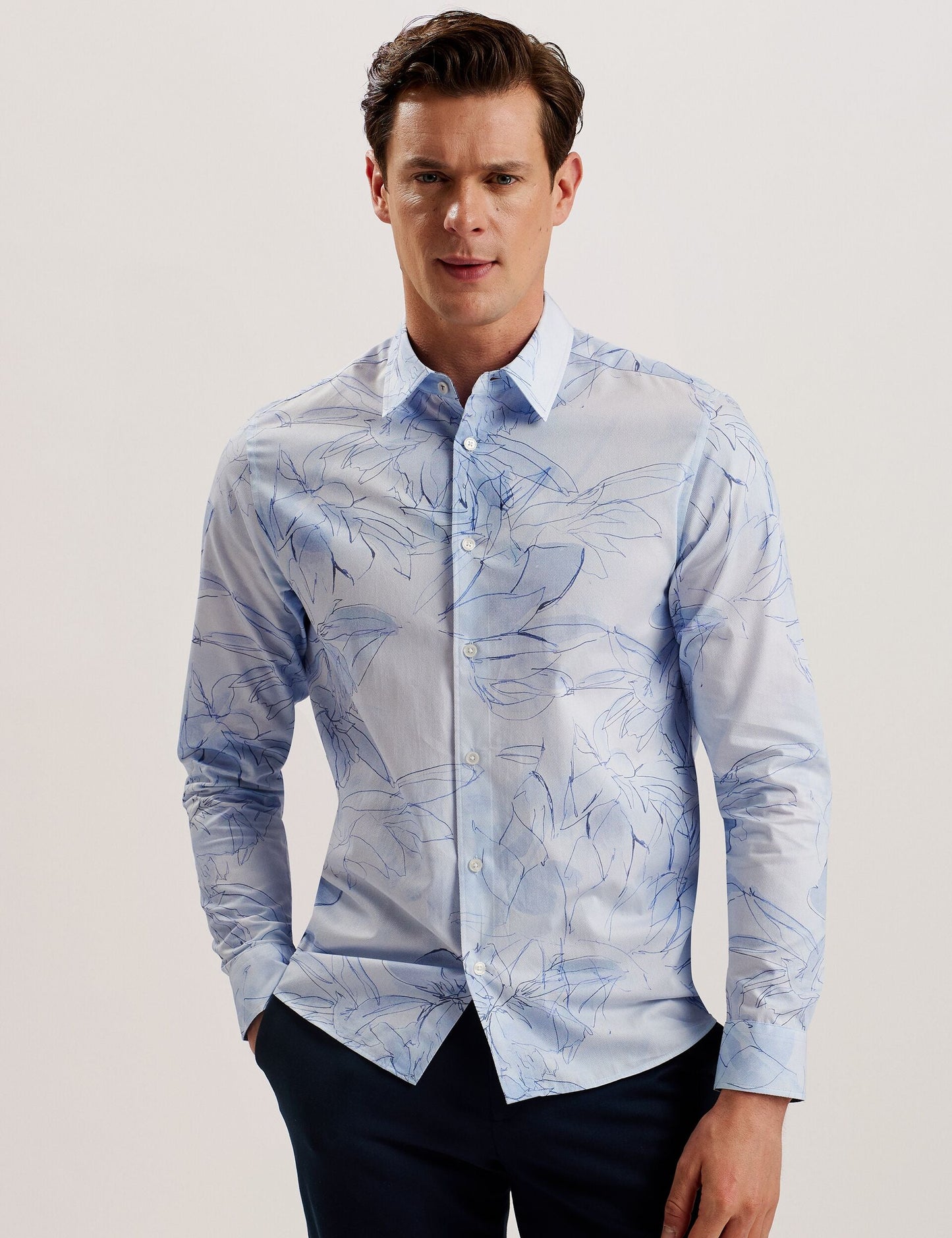 Ted Baker WALESBY - Sketched Floral Print Cotton Shirt LIGHT BLUE