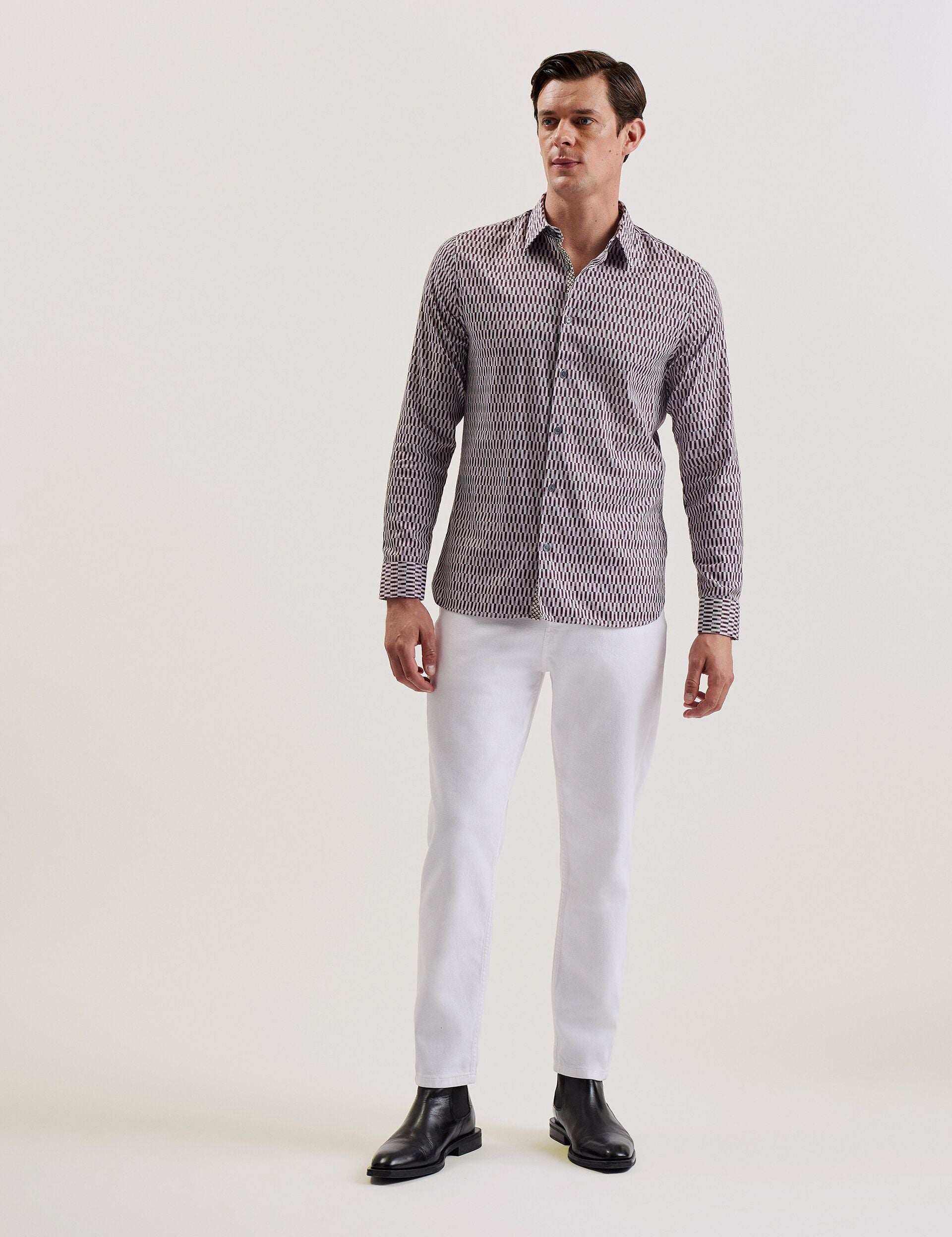 Ted Baker FRESTIN - Geometric Pattern Slim Long Sleeve Shirt DARK RED