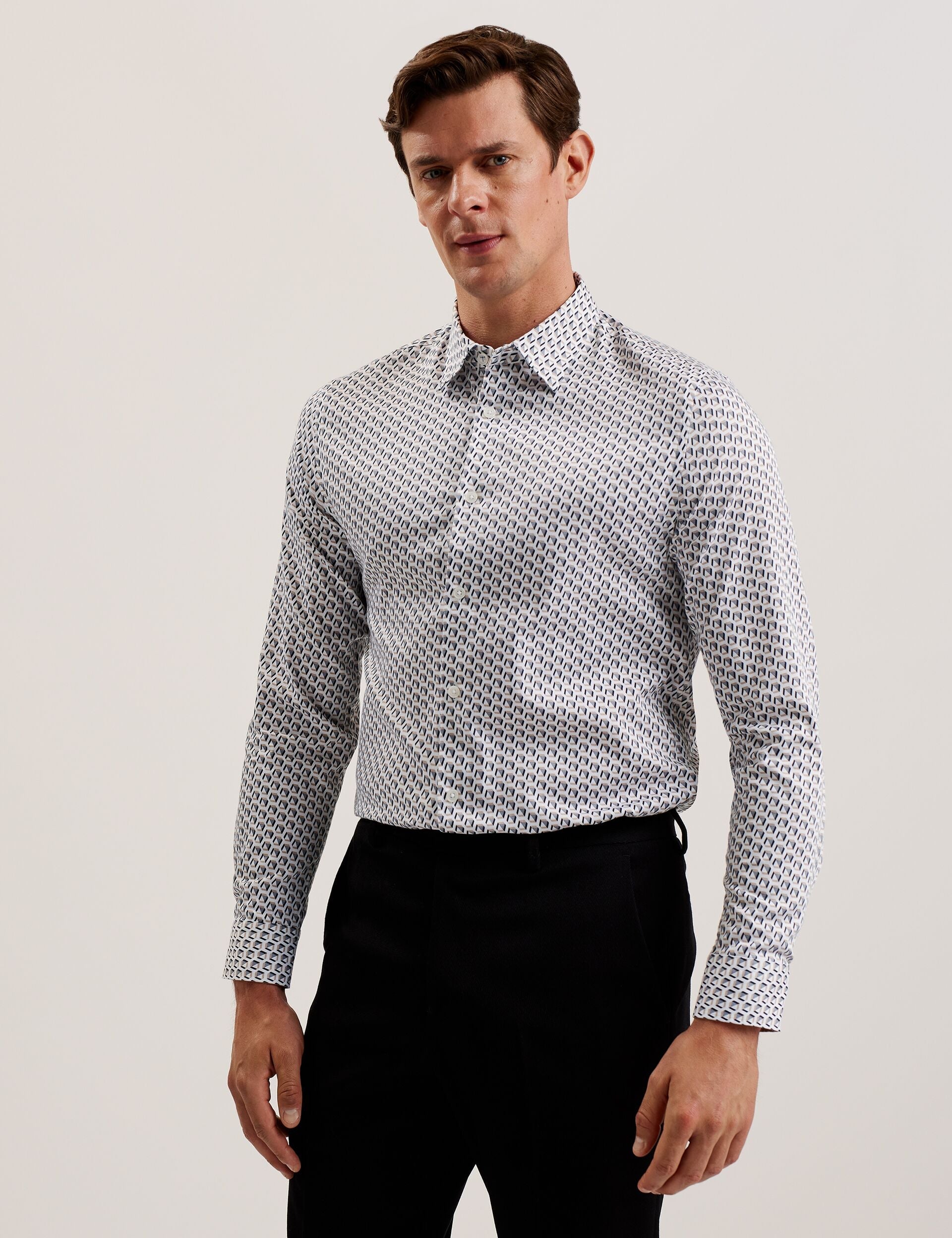 Ted Baker JOSHHY - Slim Fit Geometric Long Sleeve Shirt TAUPE