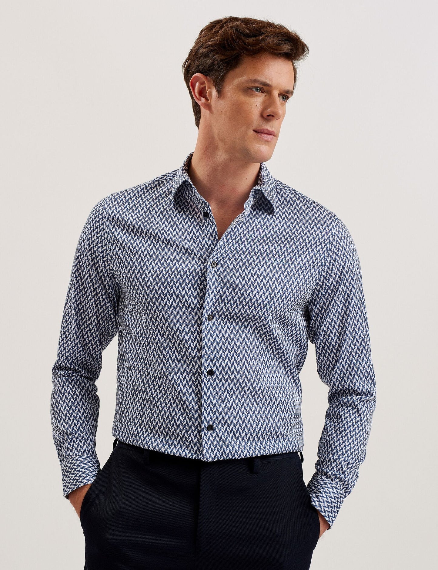 Ted Baker LACEBY - Geometric Print Long Sleeve Slim Shirt NAVY