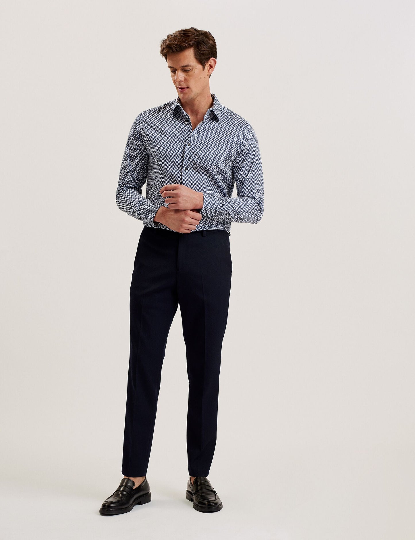 Ted Baker LACEBY - Geometric Print Long Sleeve Slim Shirt NAVY