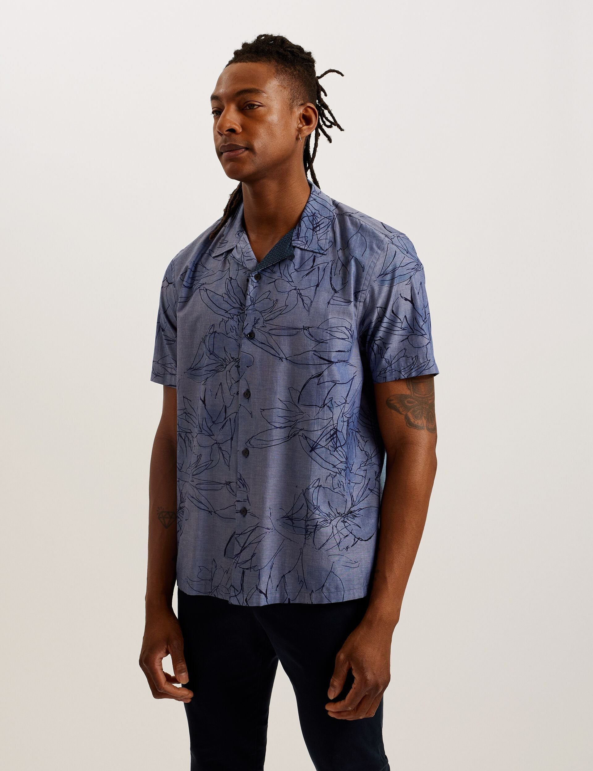 Ted Baker TERRONI - Short Sleeve Floral Chambray Cotton Shirt DARK BLUE