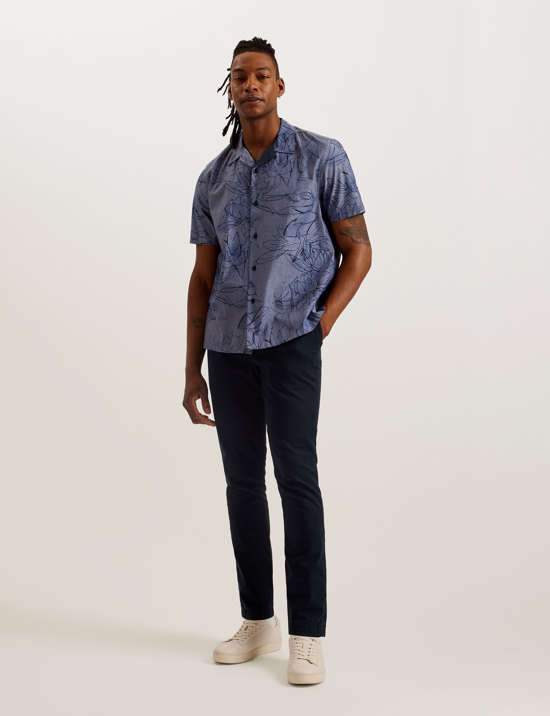 Ted Baker TERRONI - Short Sleeve Floral Chambray Cotton Shirt DARK BLUE