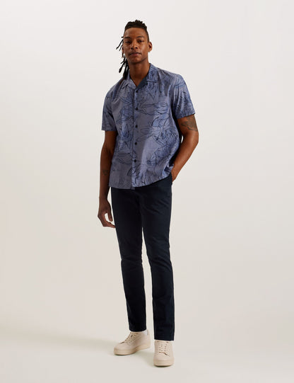Ted Baker TERRONI - Short Sleeve Floral Chambray Cotton Shirt DARK BLUE