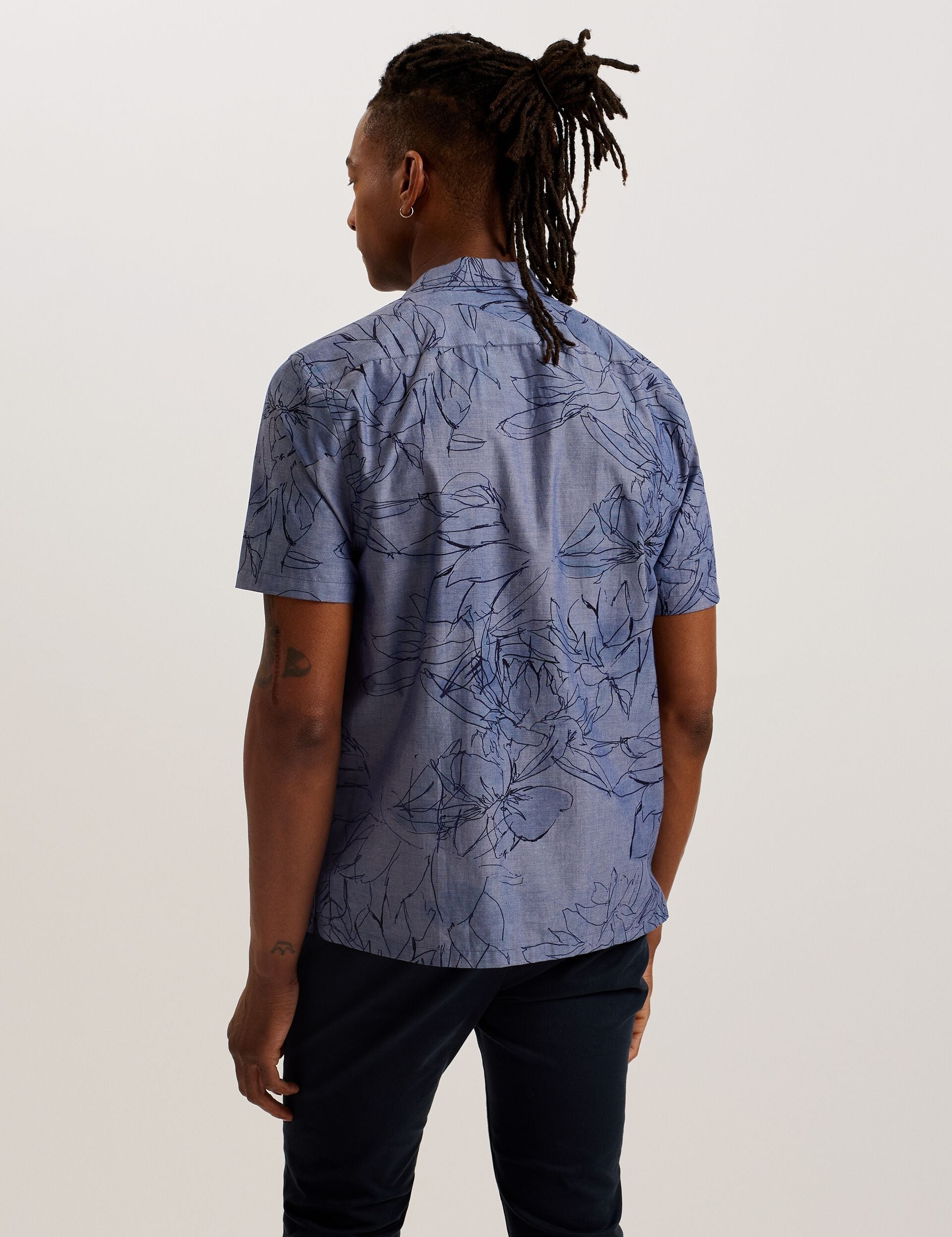 Ted Baker TERRONI - Short Sleeve Floral Chambray Cotton Shirt DARK BLUE