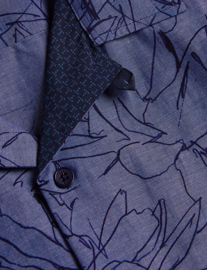 Ted Baker TERRONI - Short Sleeve Floral Chambray Cotton Shirt DARK BLUE