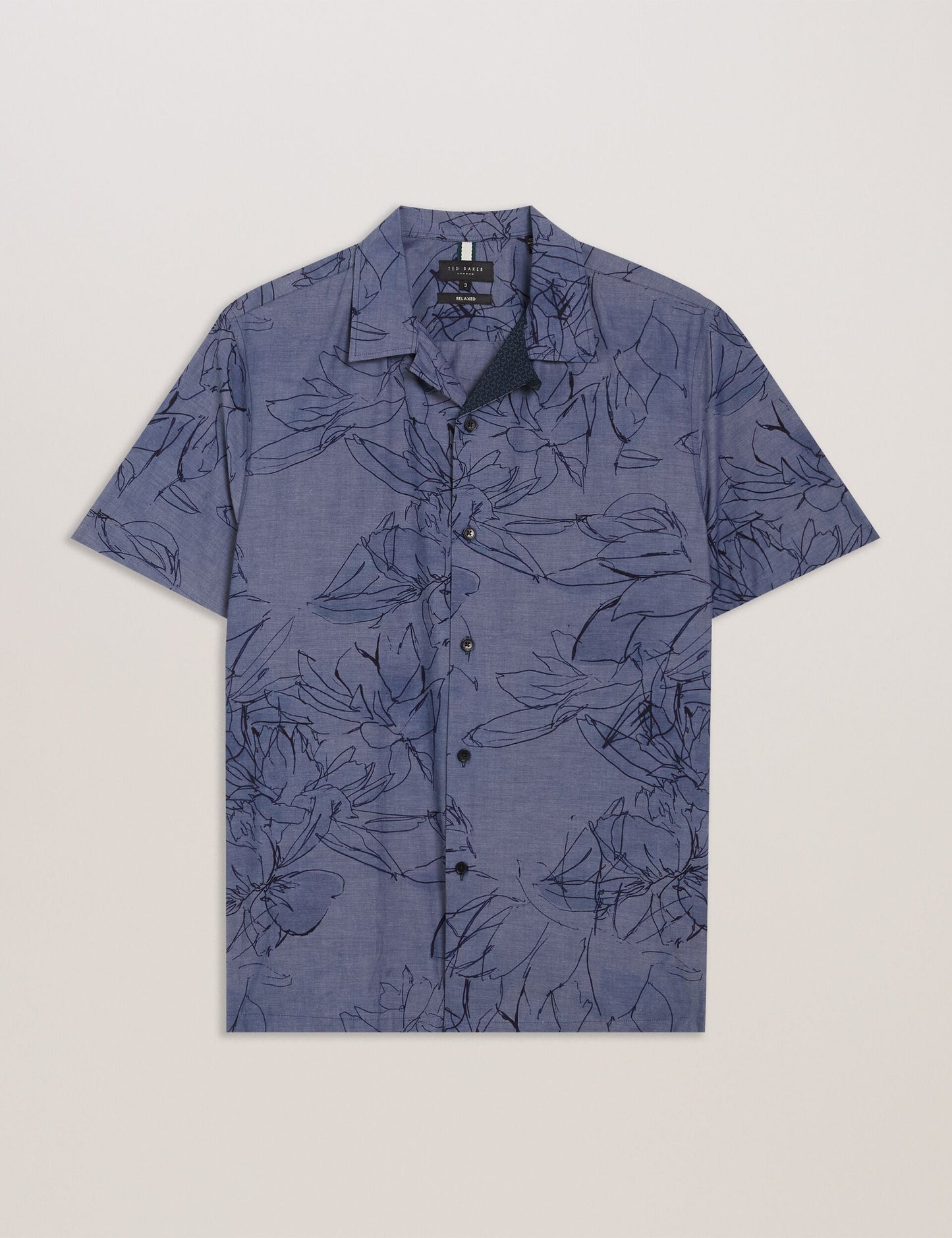 Ted Baker TERRONI - Short Sleeve Floral Chambray Cotton Shirt DARK BLUE