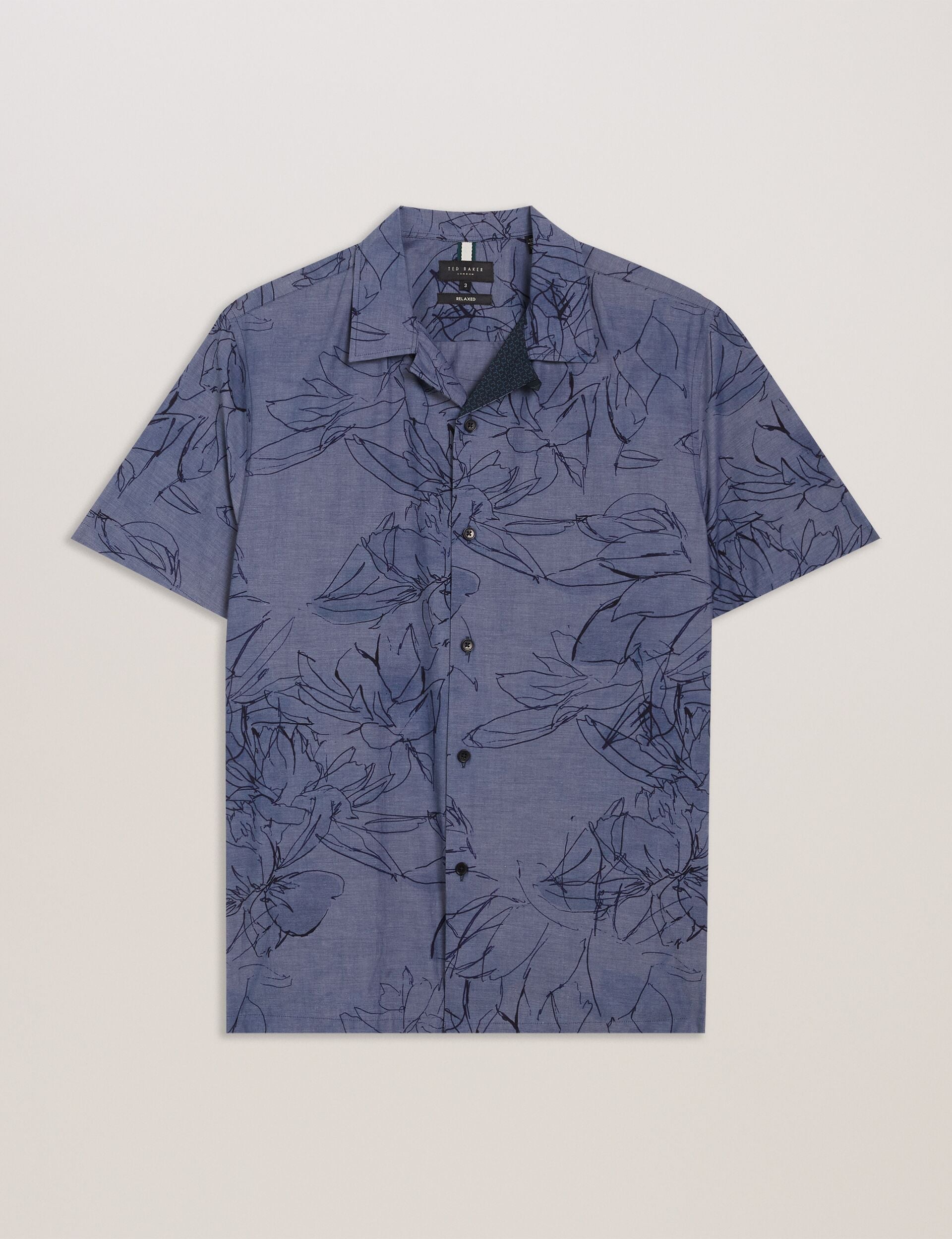 Ted Baker TERRONI - Short Sleeve Floral Chambray Cotton Shirt DARK BLUE