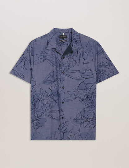 Ted Baker TERRONI - Short Sleeve Floral Chambray Cotton Shirt DARK BLUE