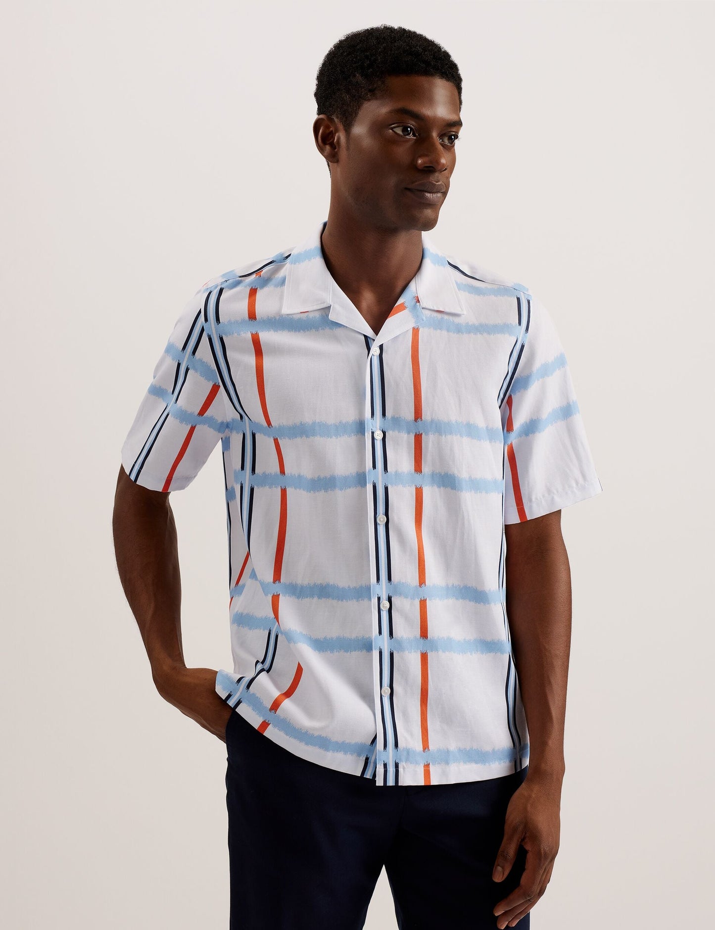 Ted Baker GARDON - Check Print Relaxed Short Sleeve Shirt WHITE