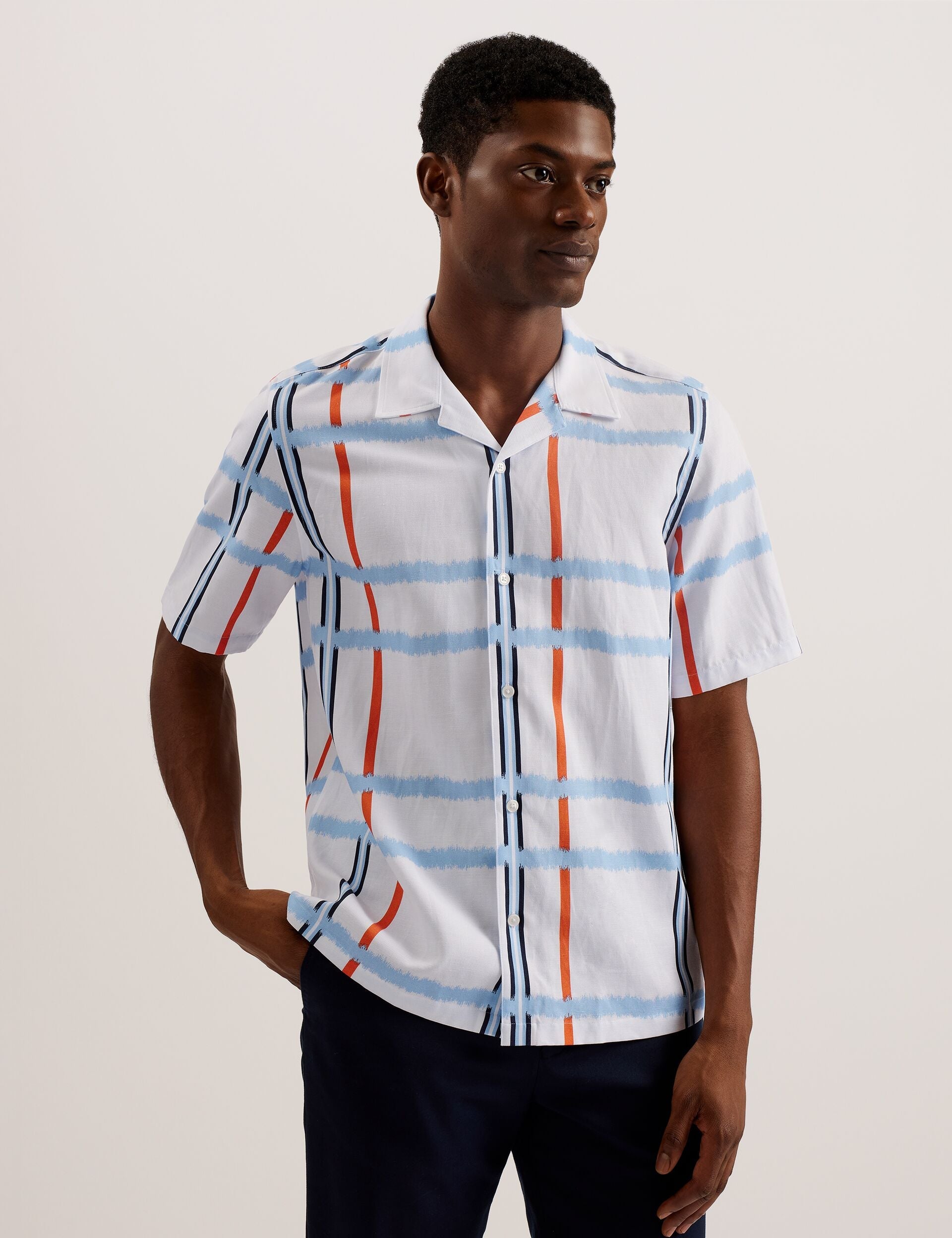 Ted Baker GARDON - Check Print Relaxed Short Sleeve Shirt WHITE