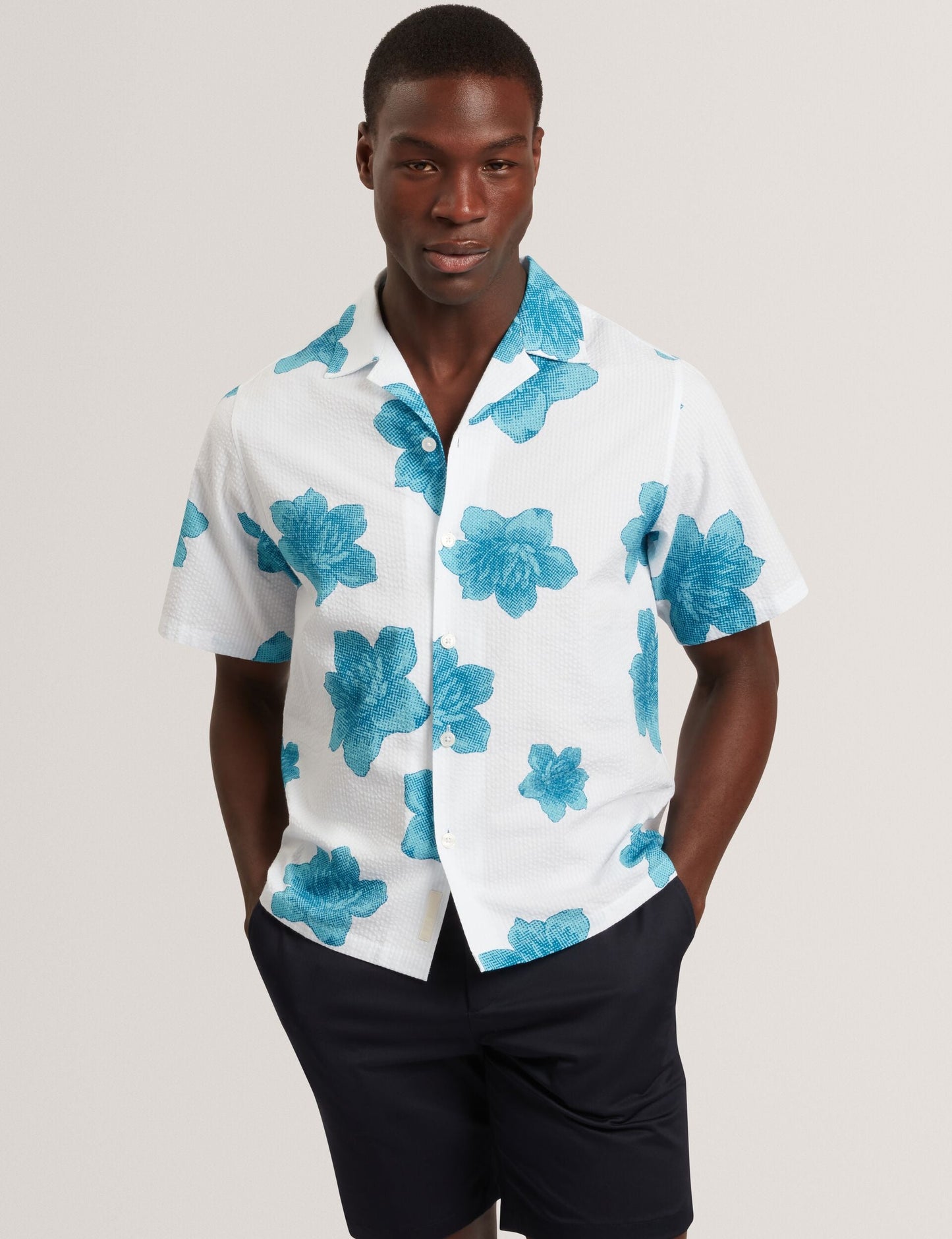 Ted Baker ATALAI Bold Floral Seersucker Short Sleeve Shirt WHITE
