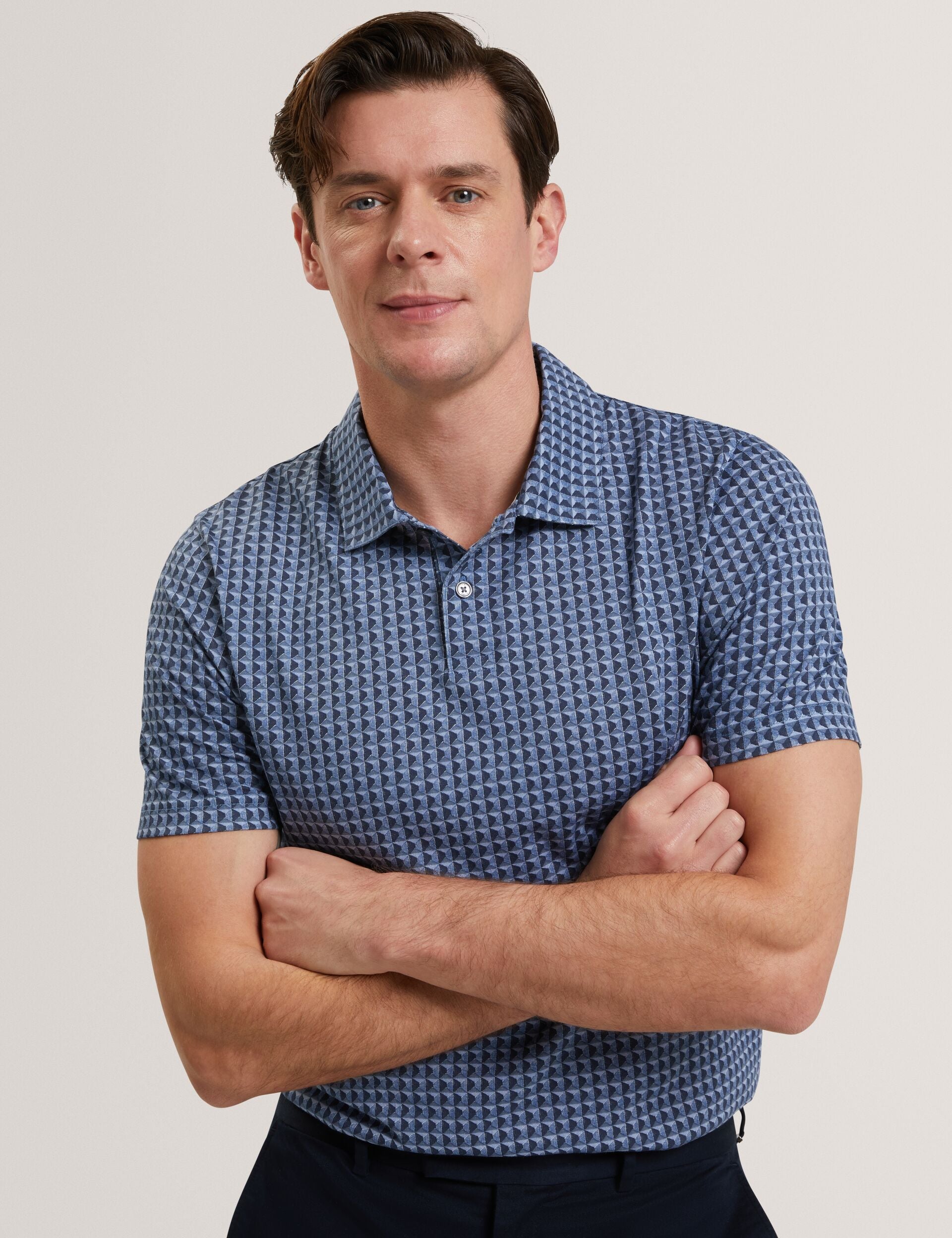 Ted Baker ZUMURUD Tile Print Cotton Short Sleeve Shirt NAVY