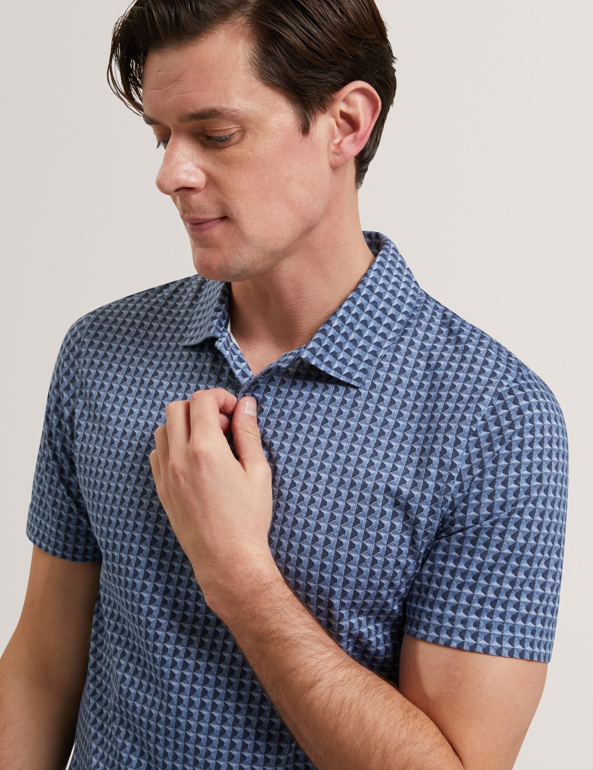 Ted Baker ZUMURUD Tile Print Cotton Short Sleeve Shirt NAVY