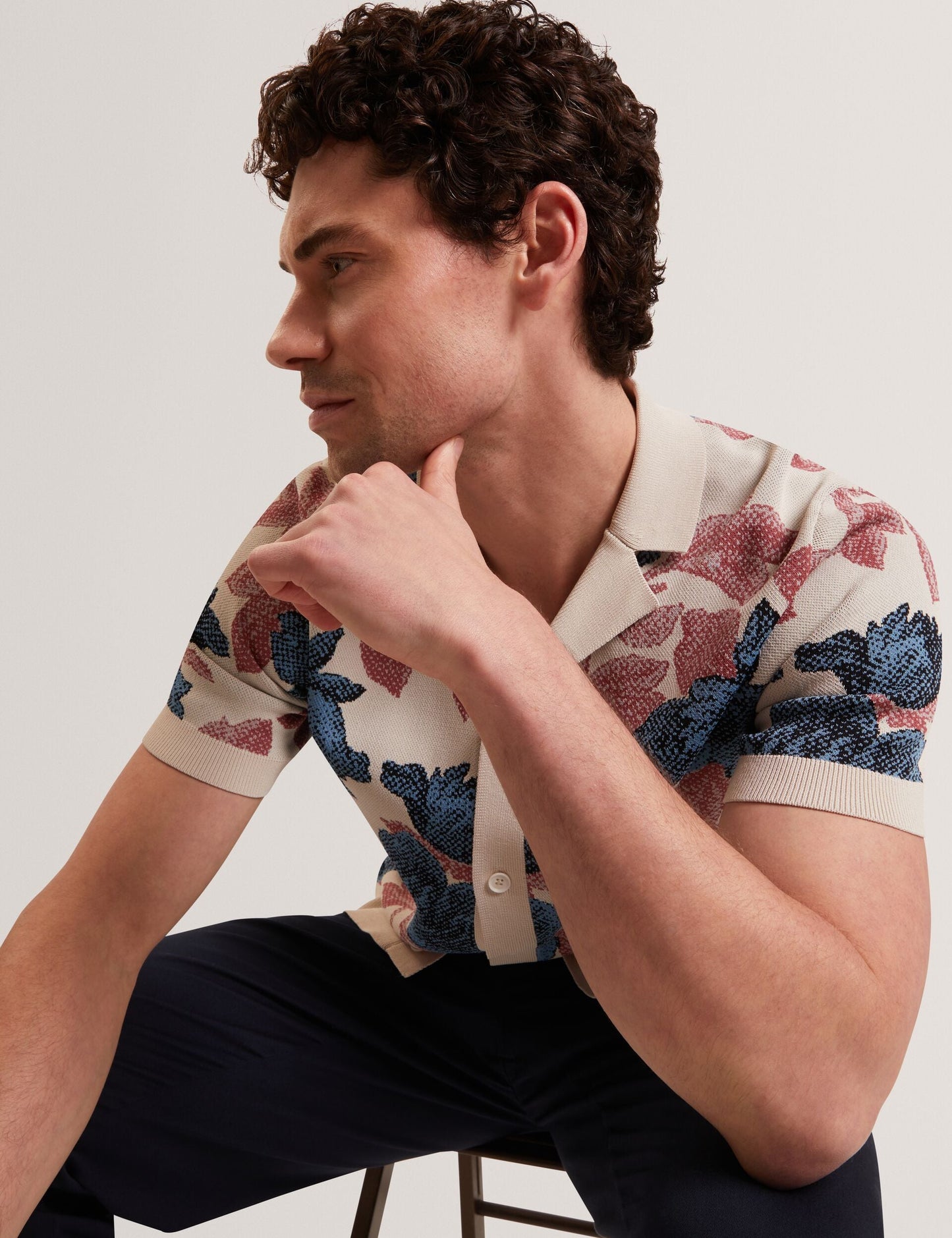 Ted Baker ASHQARA Shaded Floral Knit Button-Through Polo Shirt MULTICOLOUR