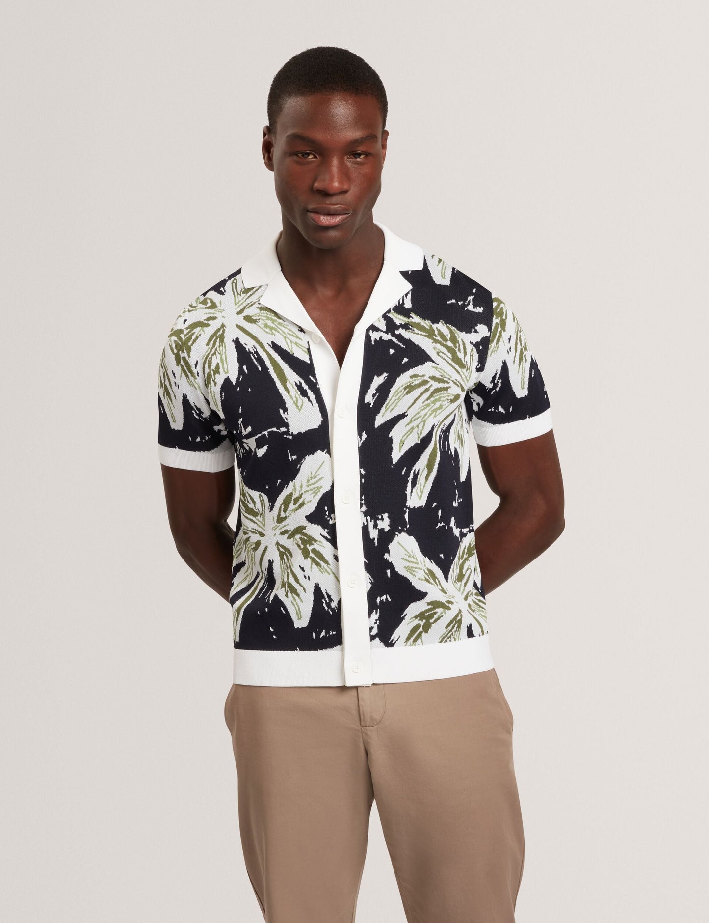 Ted Baker KYES - Short Sleeve Knitted Leaf Shirt NAVY