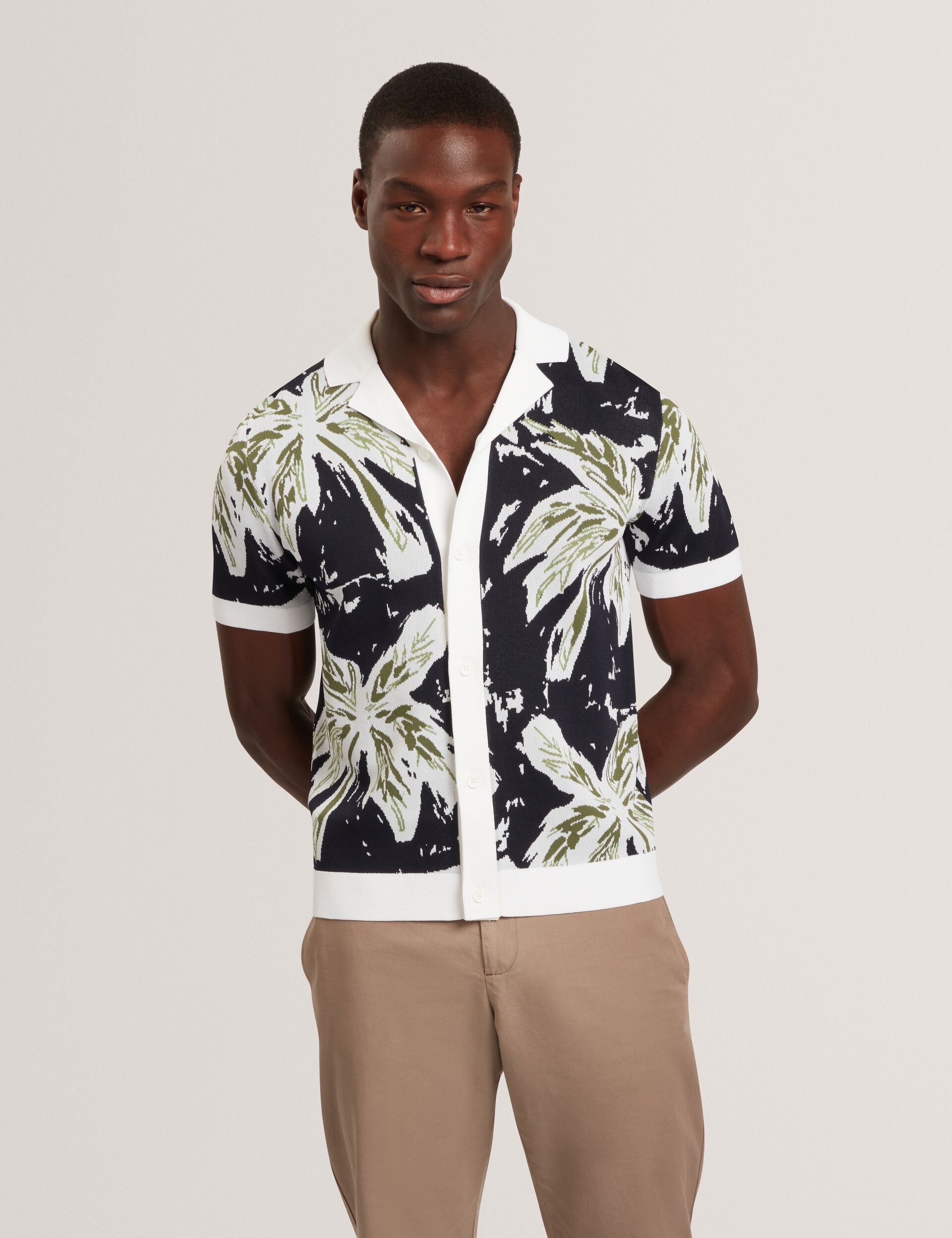 Ted Baker KYES - Short Sleeve Knitted Leaf Shirt NAVY