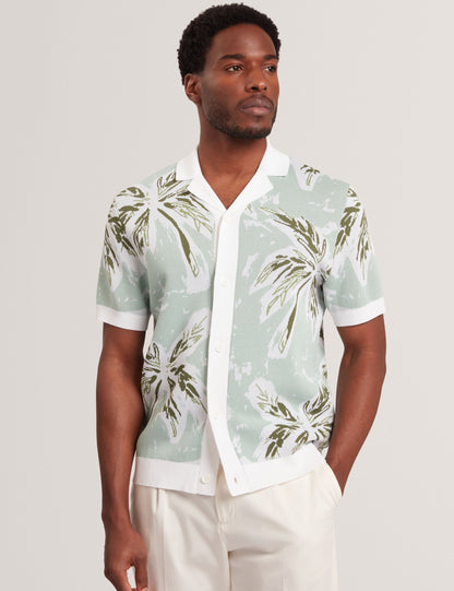 Ted Baker KYES - Leaf Print Knitted Short Sleeve Shirt LT-GREEN