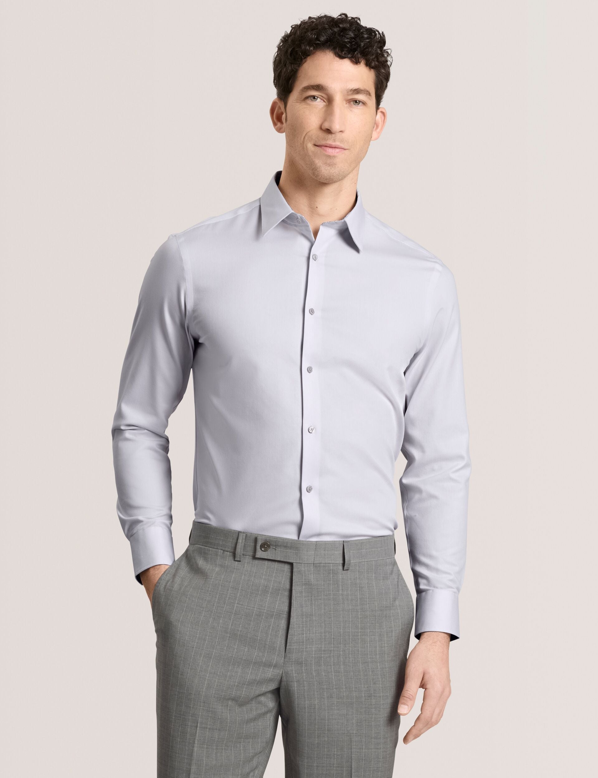 Ted Baker GENEVA Textured Stretch Cotton Slim Fit Shirt LIGHT GREY