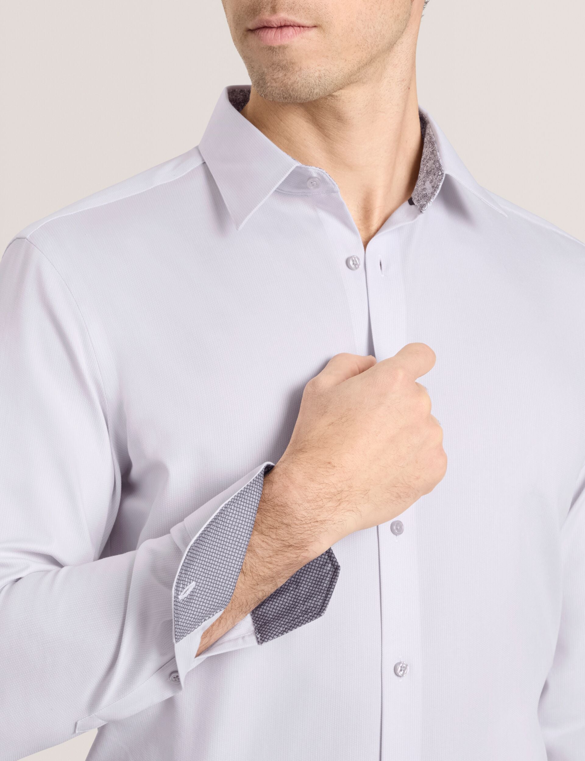 Ted Baker GENEVA Textured Stretch Cotton Slim Fit Shirt LIGHT GREY