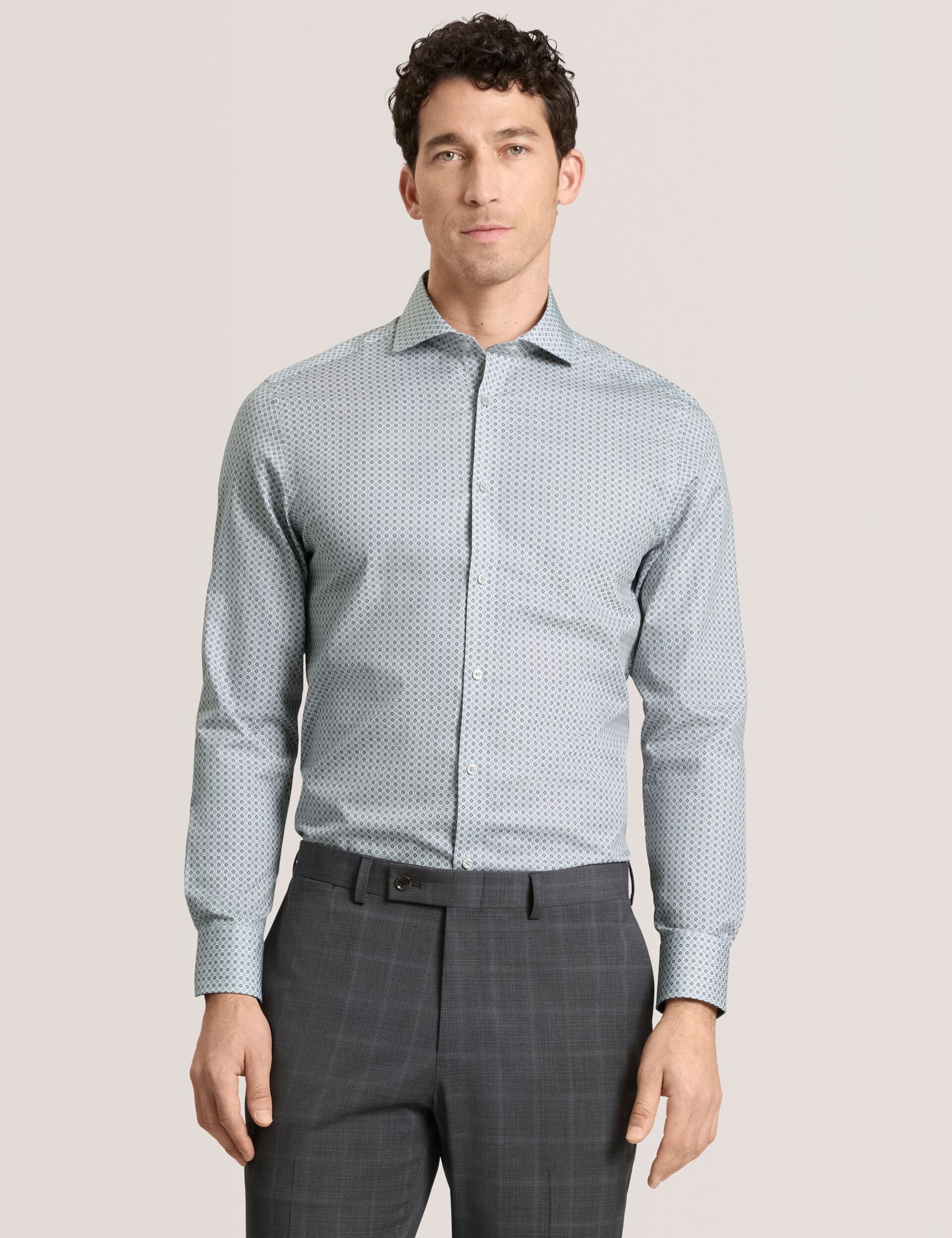 Ted Baker NANTUCKET Geo Print Stretch Cotton Slim Fit Shirt MID GREY