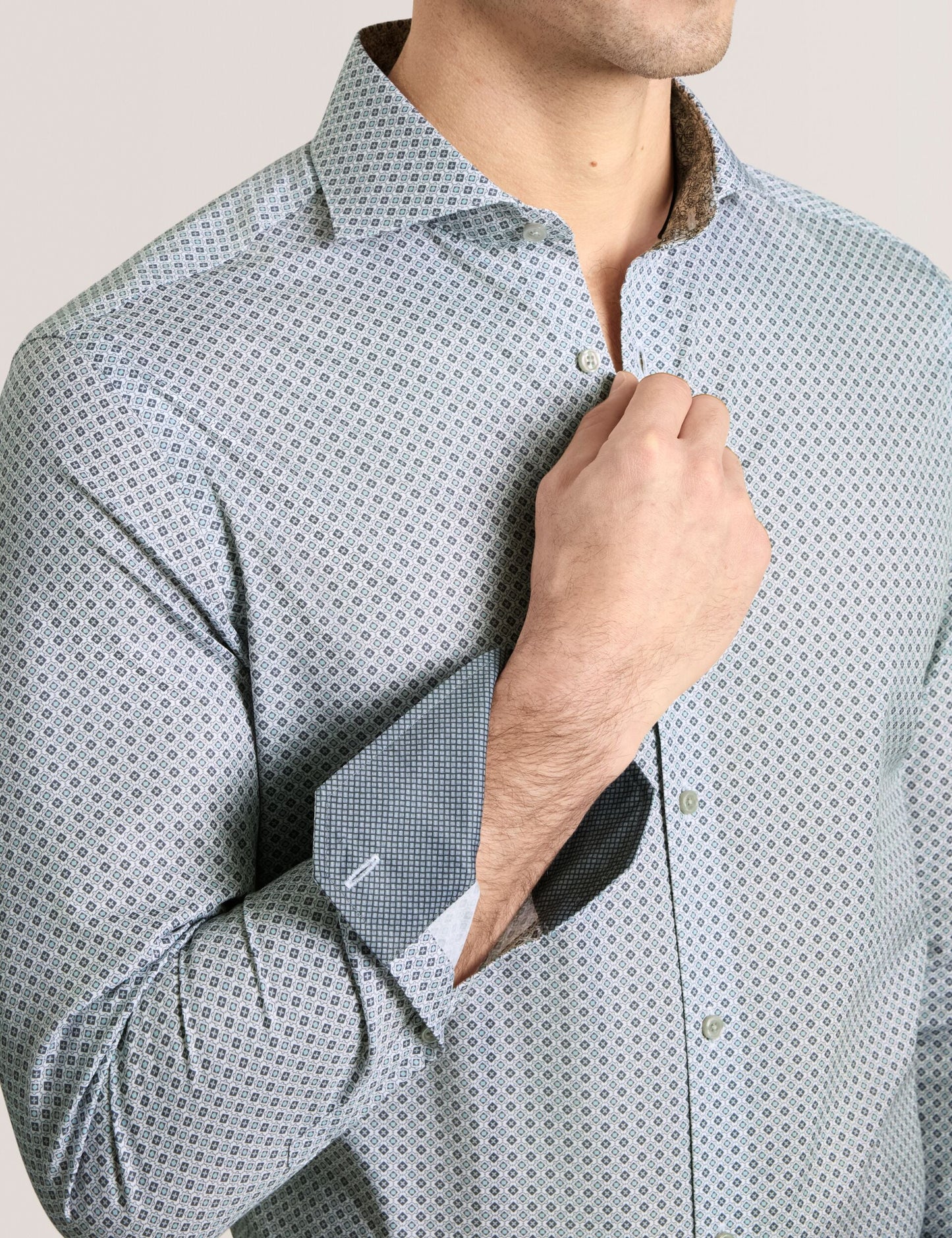 Ted Baker NANTUCKET Geo Print Stretch Cotton Slim Fit Shirt MID GREY