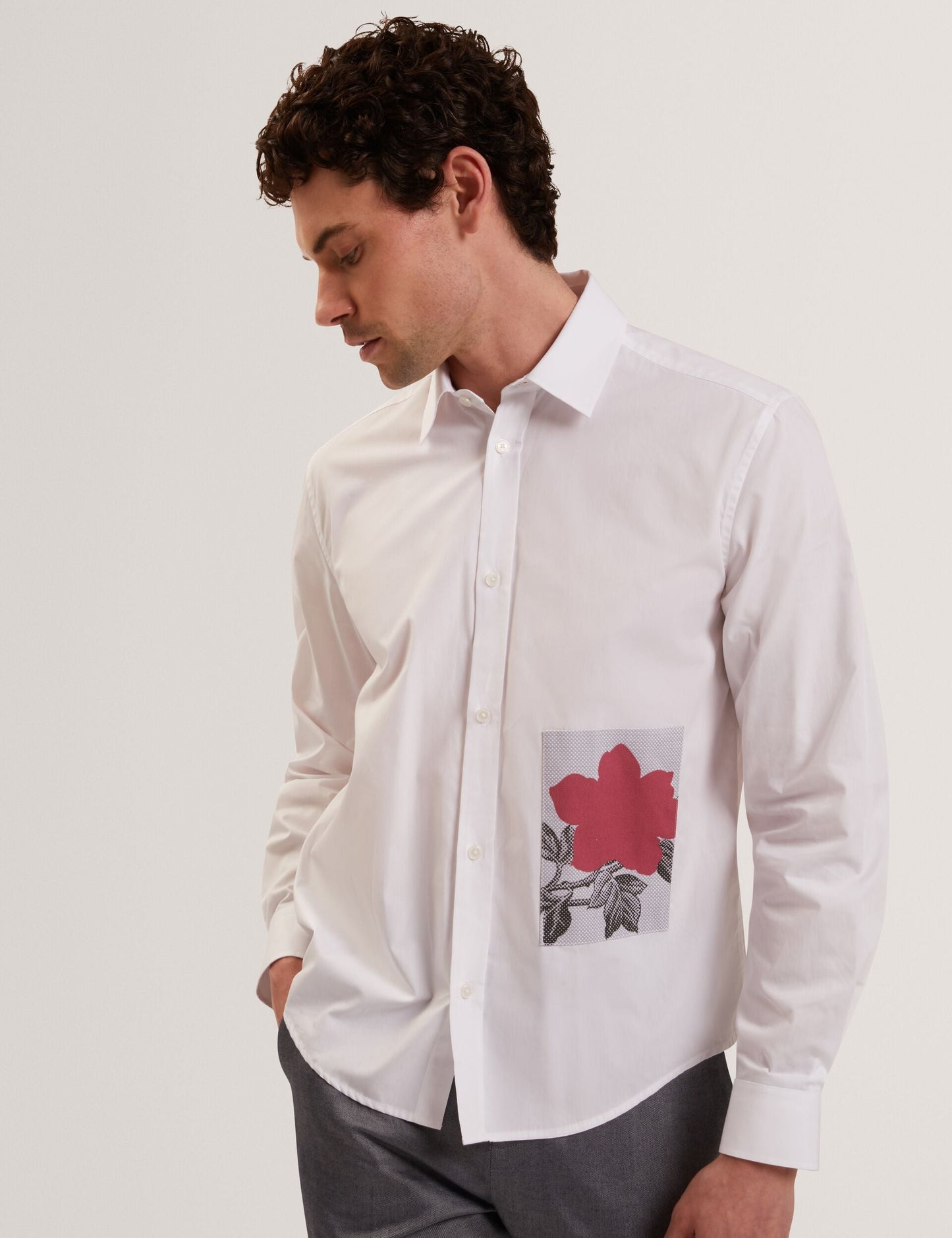 Ted Baker ALVIRO Graphic Patch Relaxed Fit Cotton Shirt WHITE