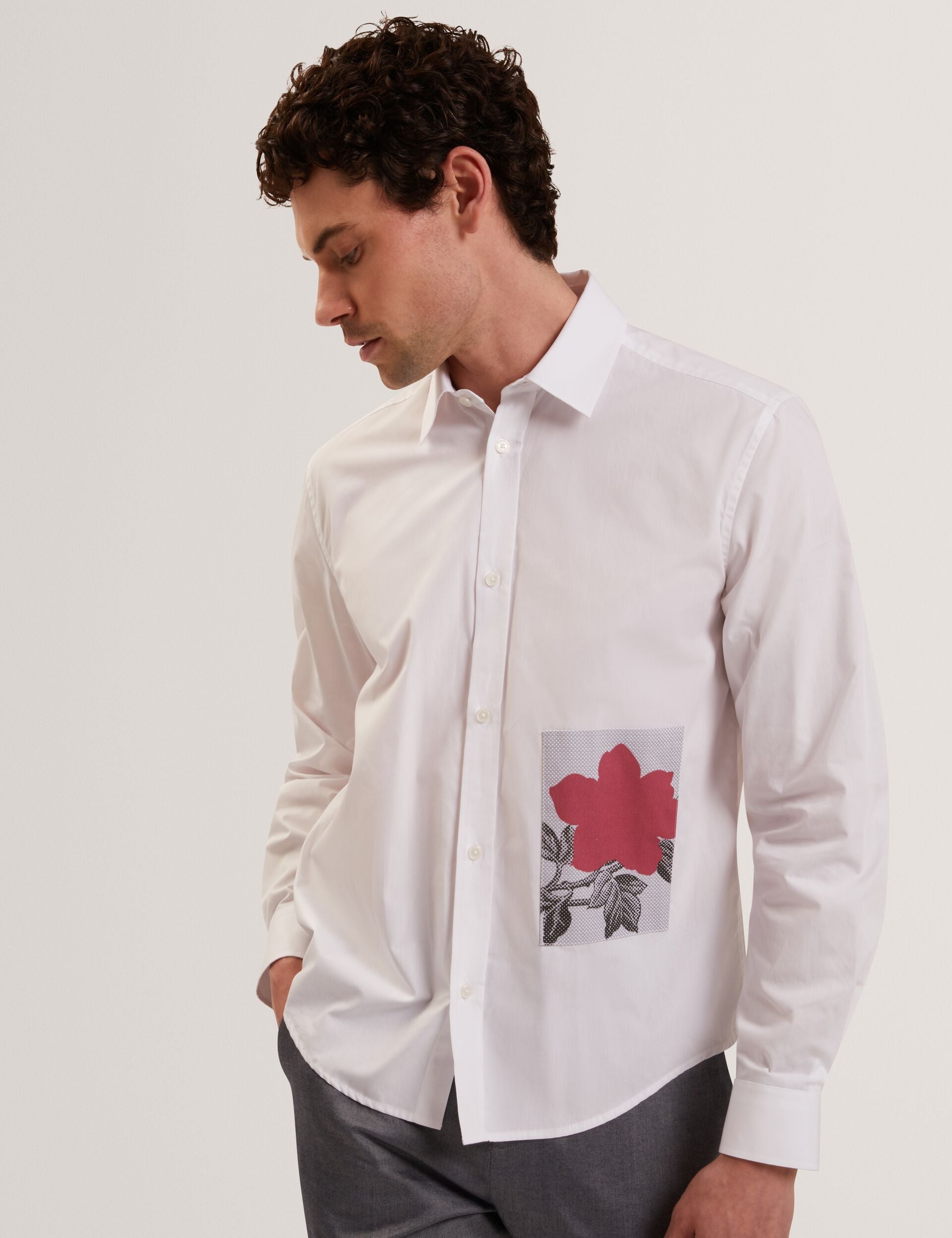 Ted Baker ALVIRO Graphic Patch Relaxed Fit Cotton Shirt WHITE