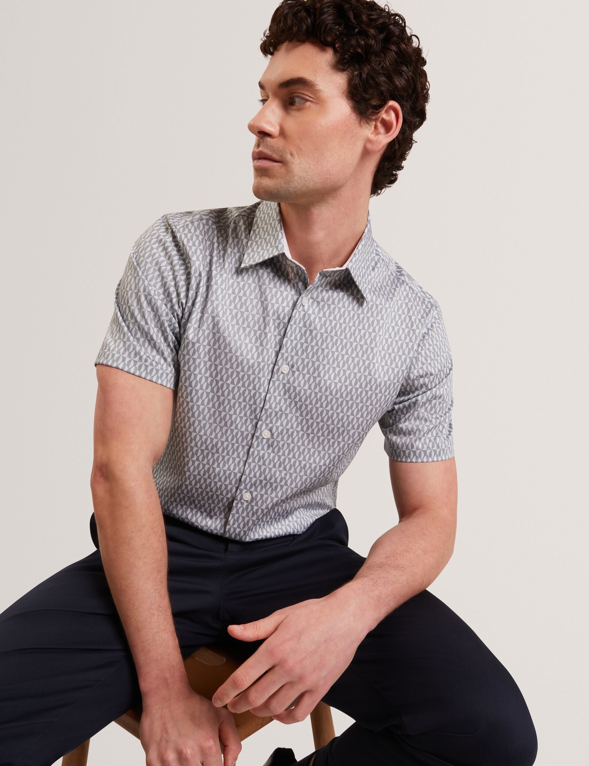 Ted Baker CAMBAY Geometric Leaf Print Short Sleeve Shirt LIGHT BLUE