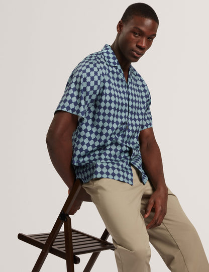Ted Baker IBICUI Tile Print Tencel Short Sleeve Shirt BLUE