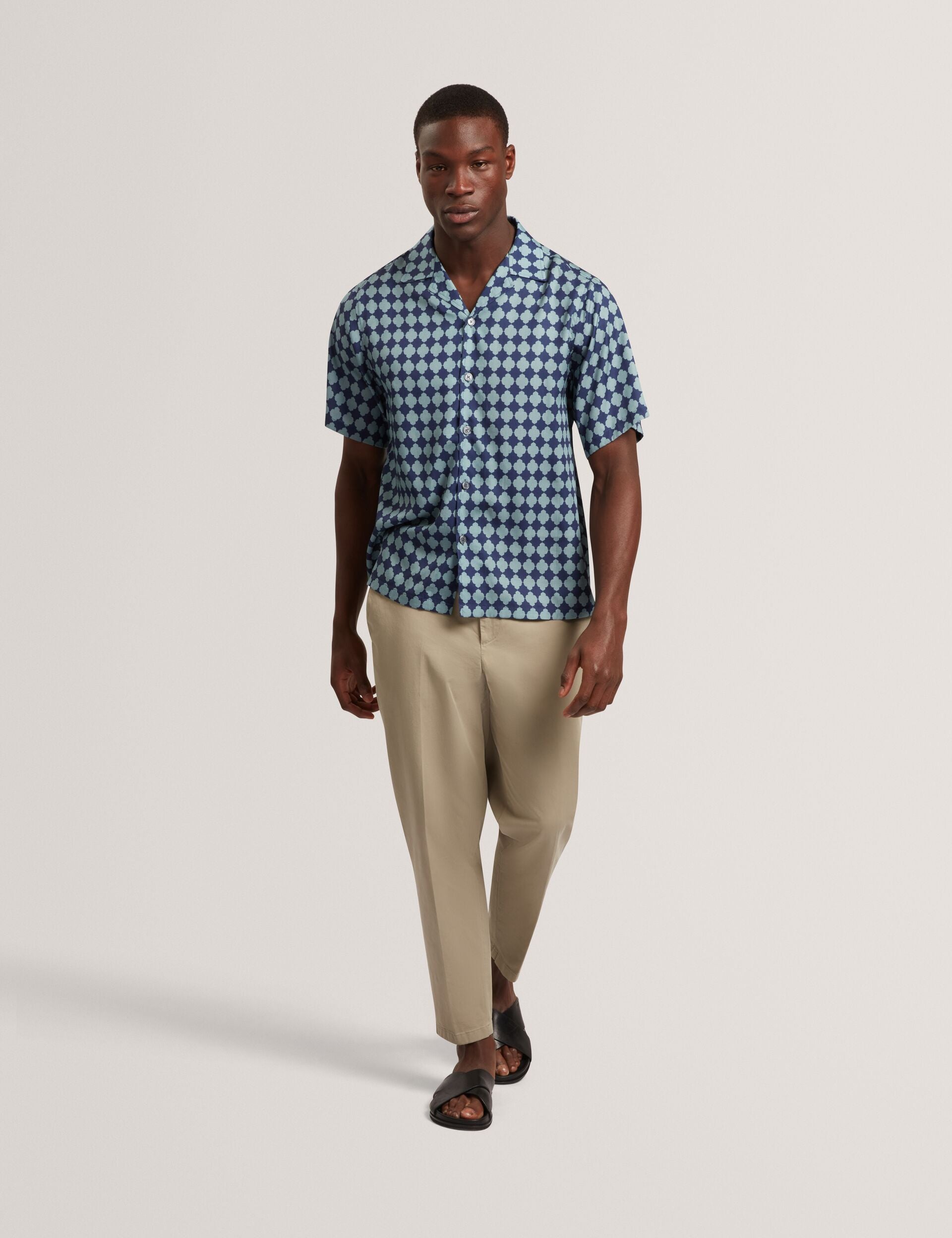 Ted Baker IBICUI Tile Print Tencel Short Sleeve Shirt BLUE