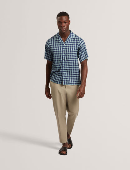 Ted Baker IBICUI Tile Print Tencel Short Sleeve Shirt BLUE
