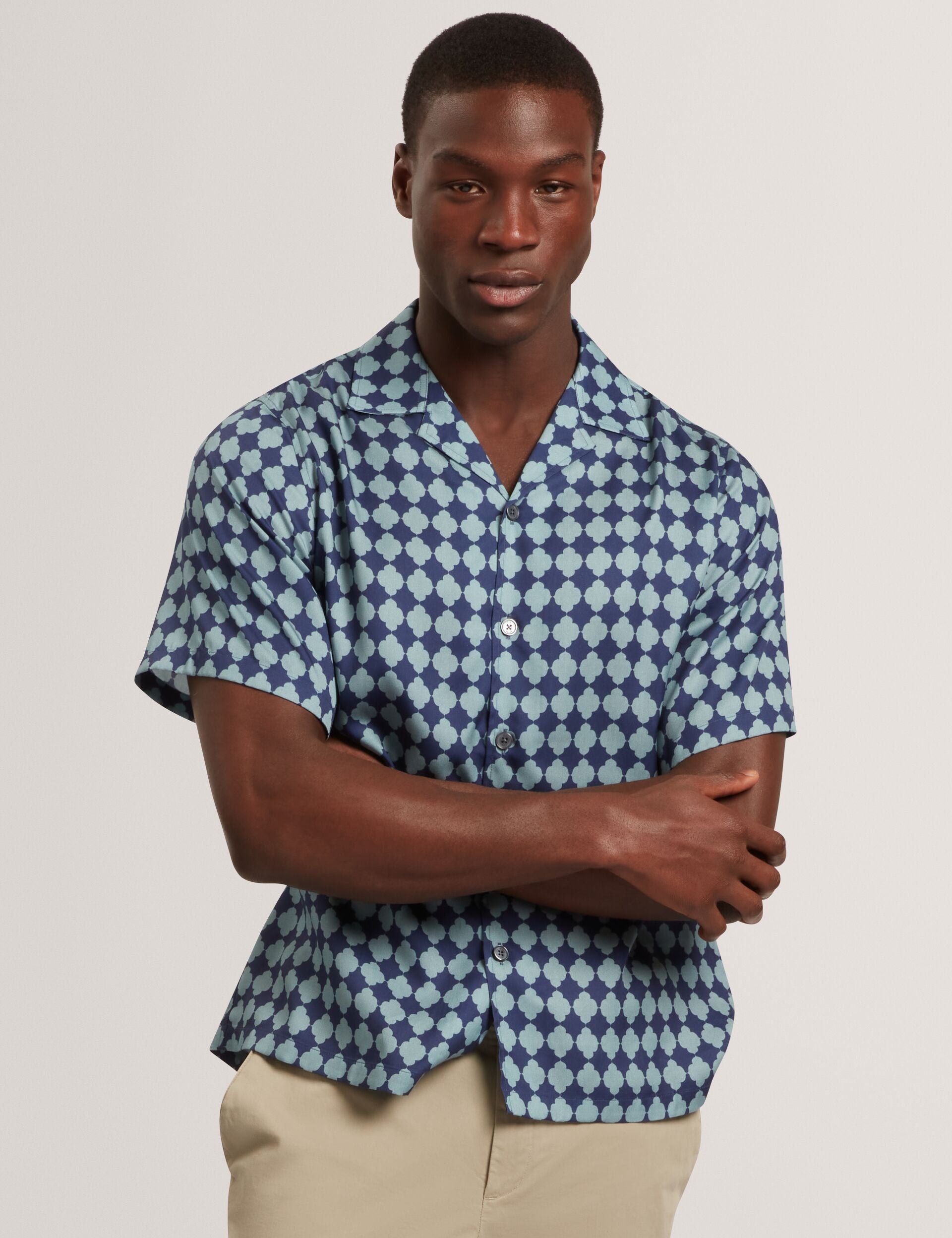 Ted Baker IBICUI Tile Print Tencel Short Sleeve Shirt BLUE
