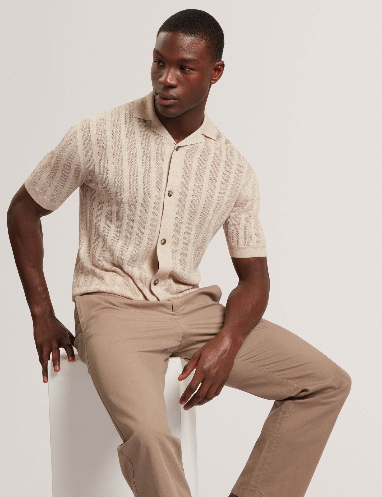 Ted Baker EDIO Stitched Stripe Knit Button-Through Polo ECRU